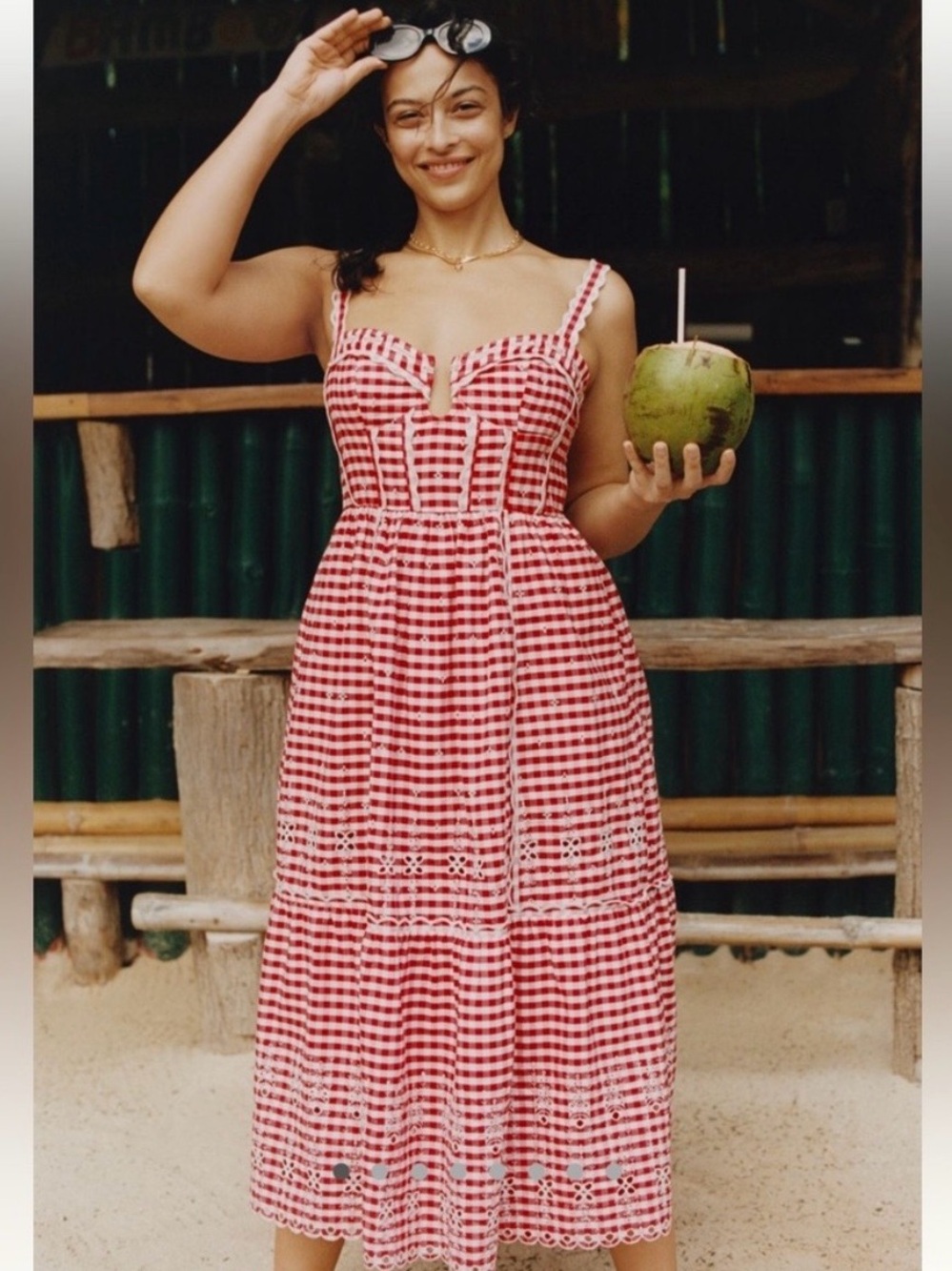 Anthropologie Red Gingham Sweetheart Midi Dress with White Eyelet Trim